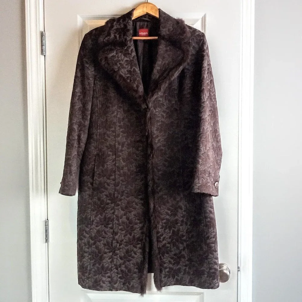 Olsen Europe Brown Jacquard Rabbit Fur Trim Coat